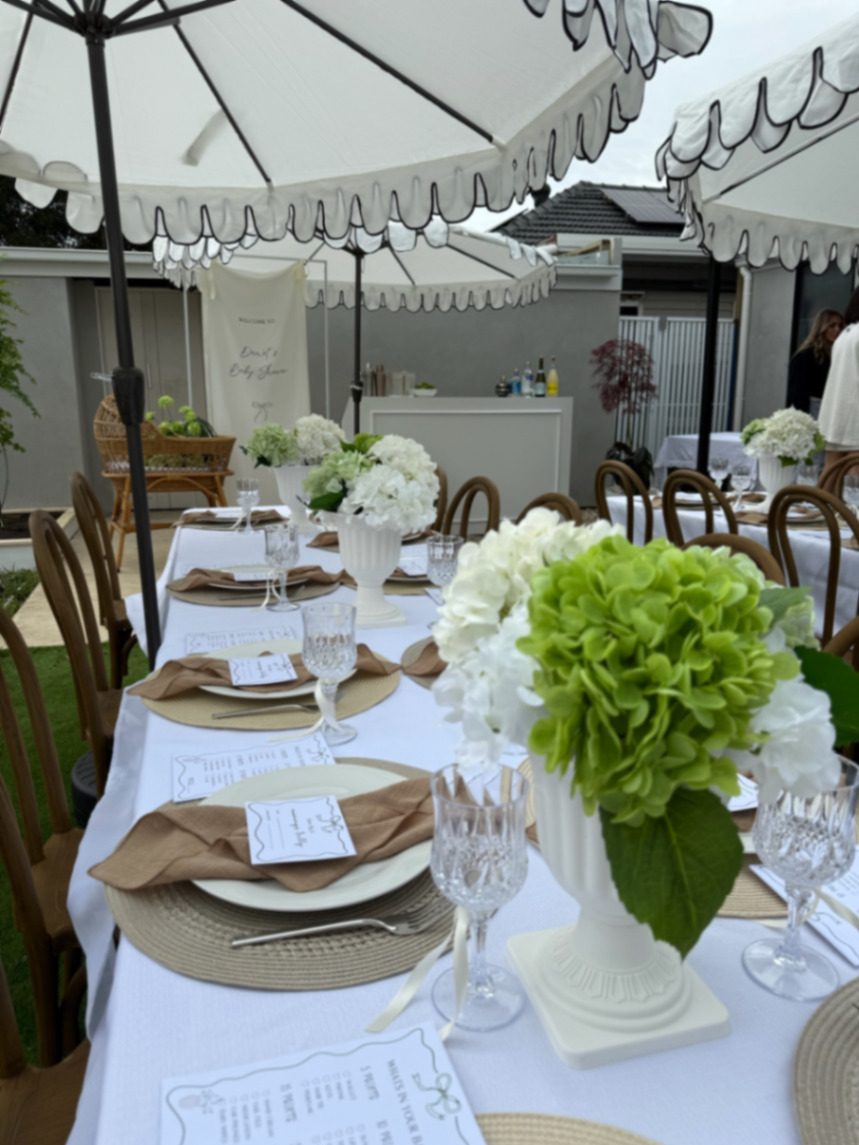 Cream and ivory baby shower tablescape styled by Event Mode Melbourne