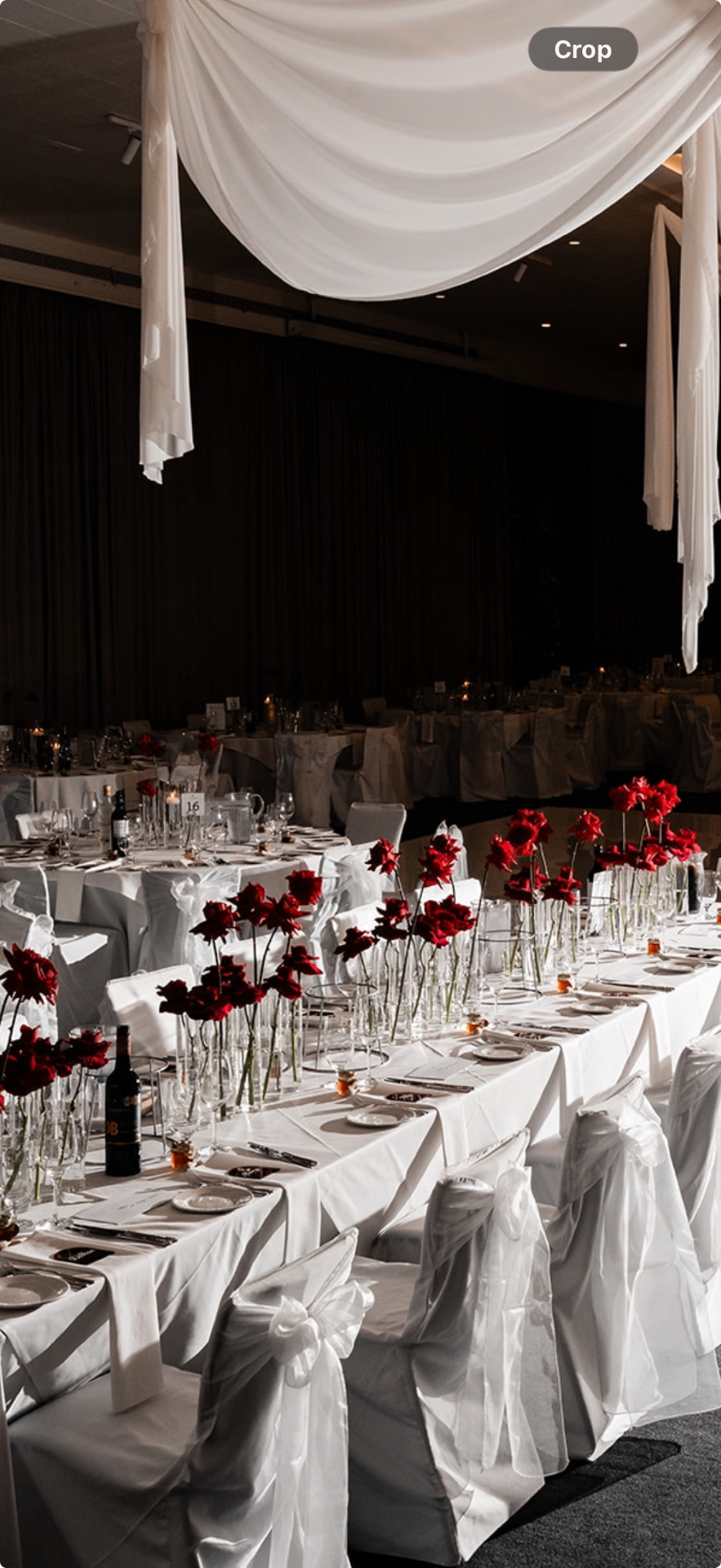 Editorial wedding tablescape with red roses, white drapery and chair bows — styled by Event Mode Melbourne